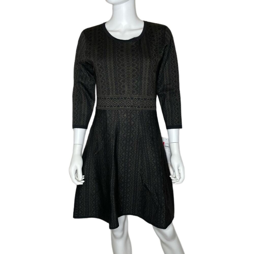 Nina Leonard Women's Black/Olive Print Scoop Neck Fit & Flare Sweater Dress sz M - Picture 2 of 5